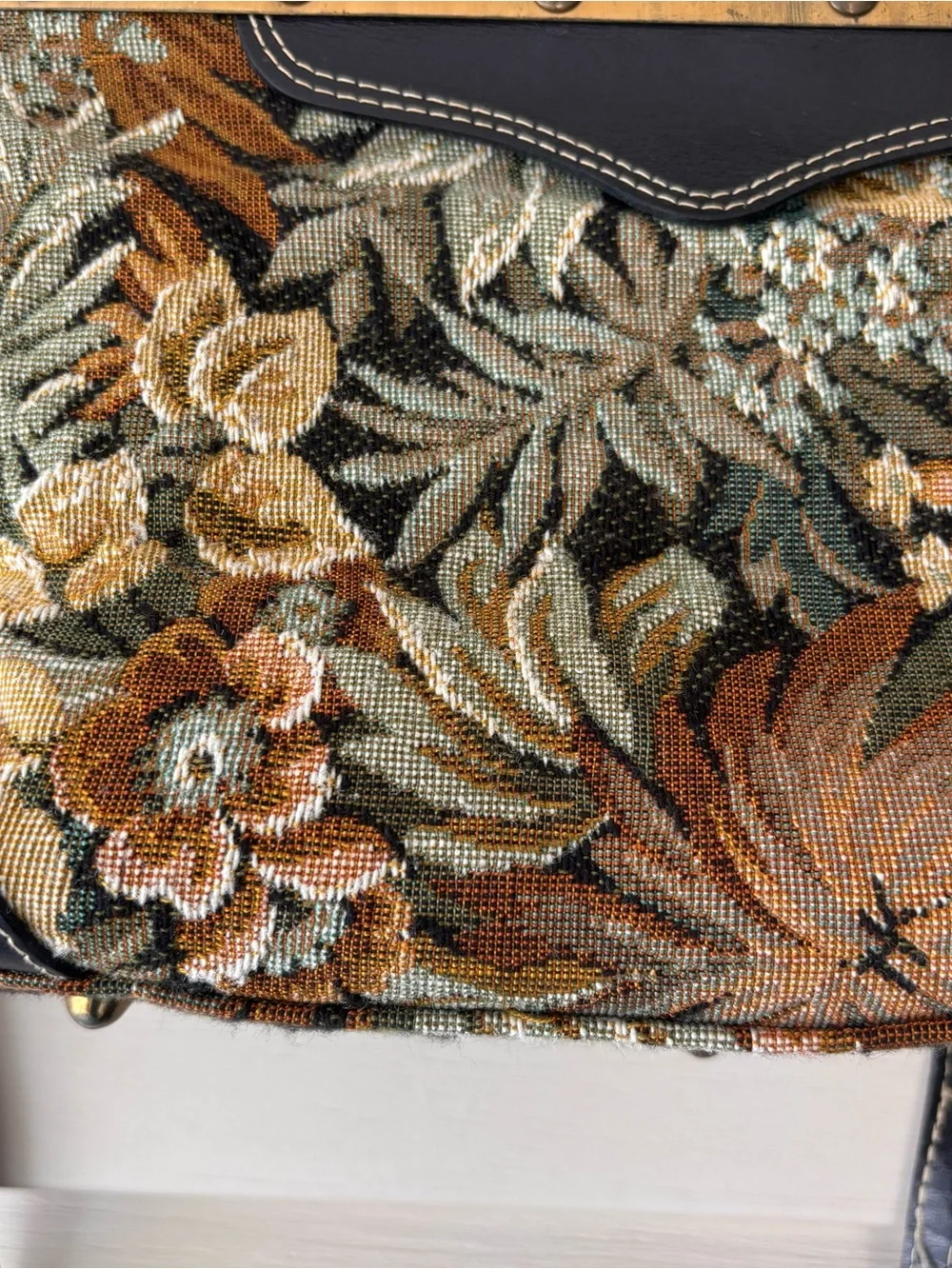 Vintage Floral Tapestry Top-Handle Bag in Brown and Black